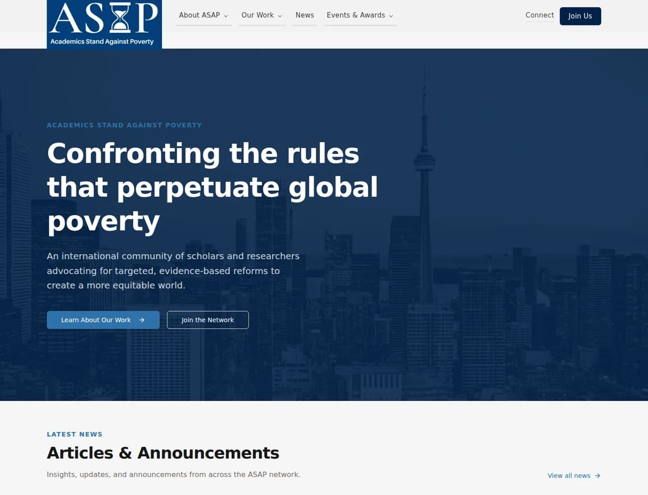 Academics Stand Against Poverty homepage showing the redesigned hero and navigation.
