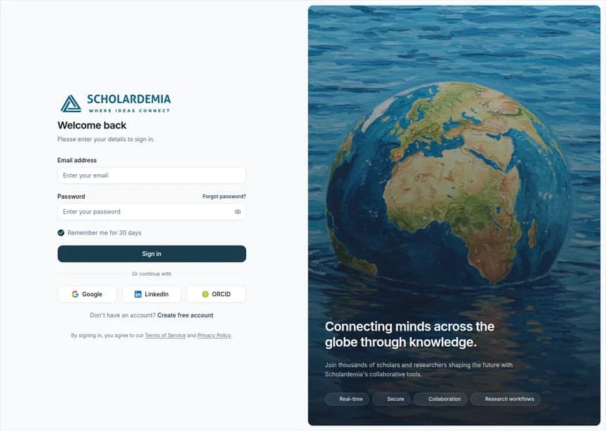 Scholardemia product interface and sign-in flow.