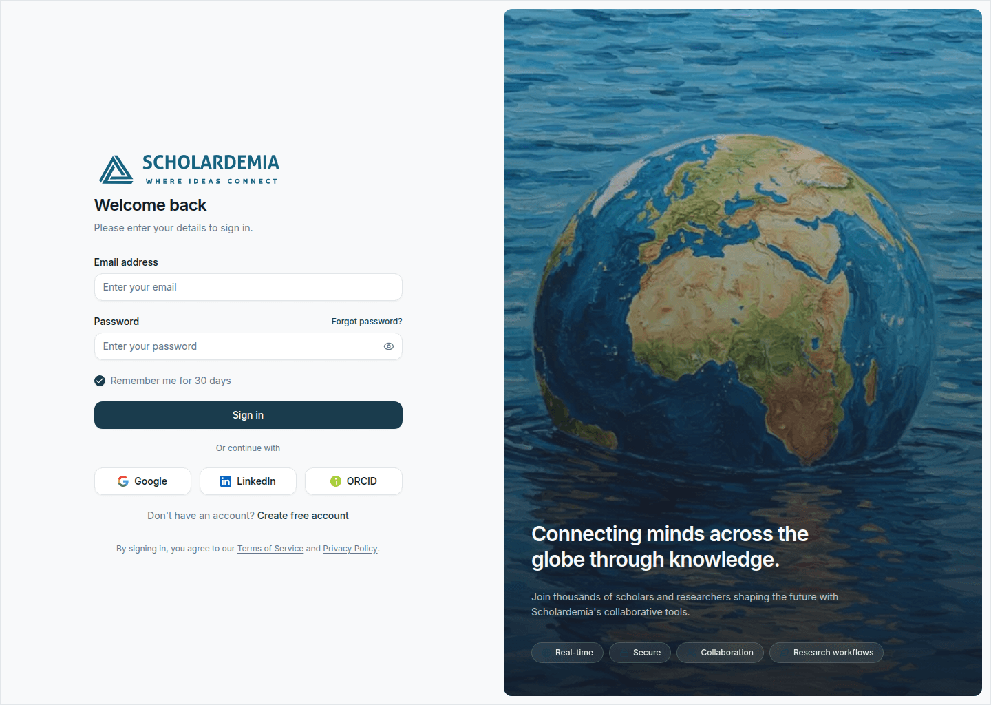 Scholardemia product interface and sign-in flow.